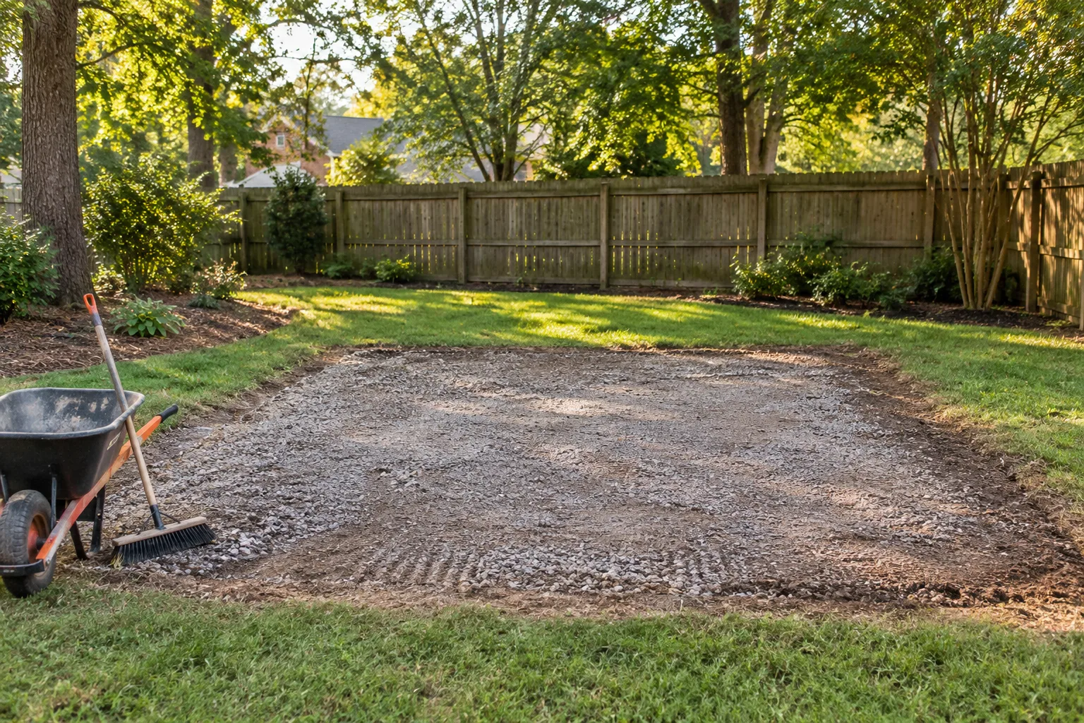 A cleared backyard pad after a small structure was removed