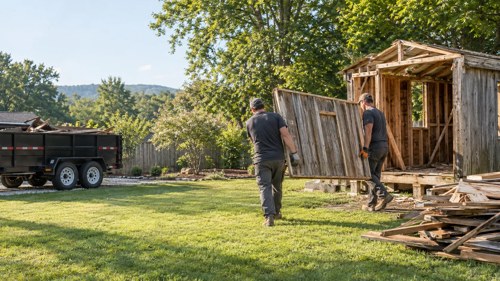 Workers carefully carrying a wood shed panel toward a hauling trailer