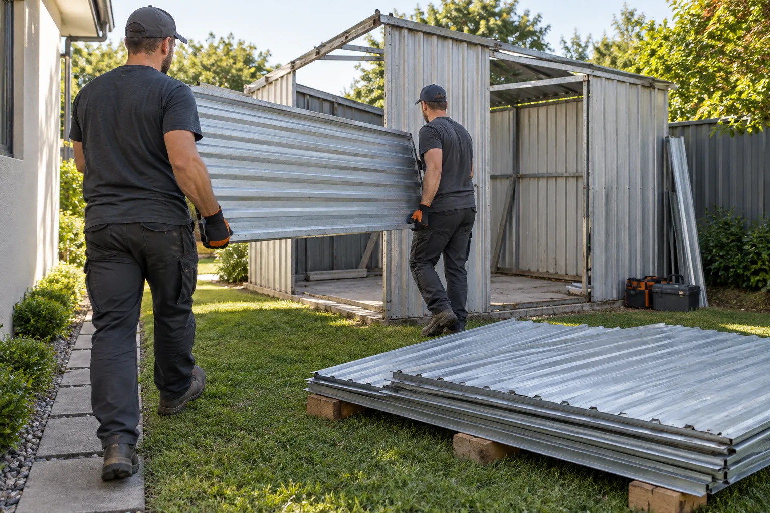 metal shed removal work in a residential yard