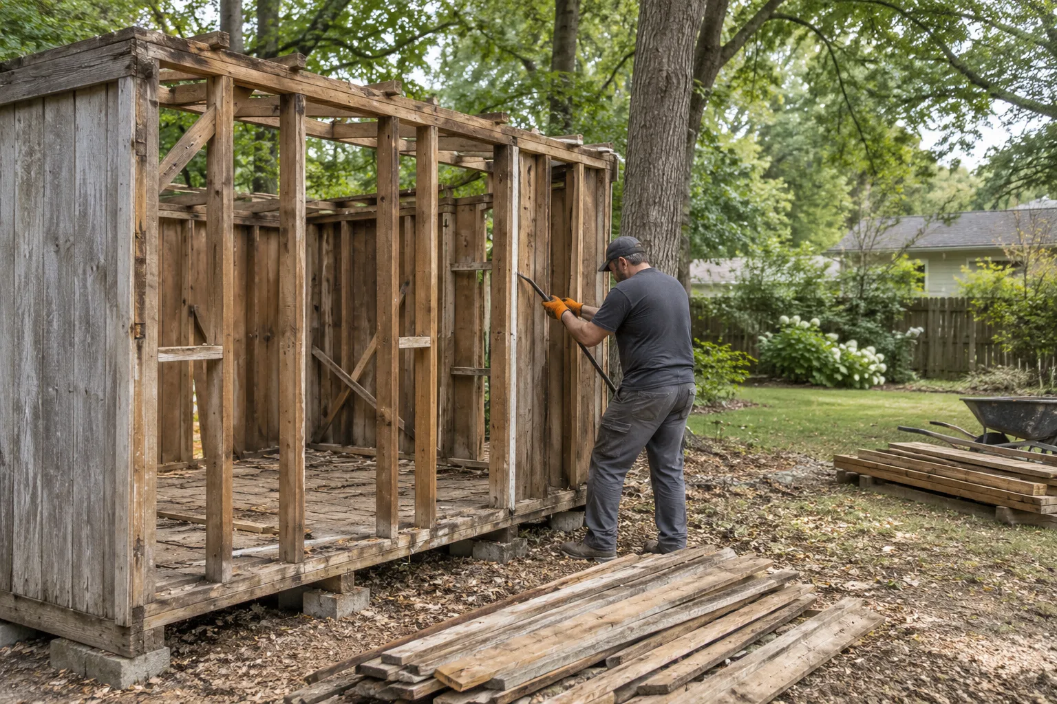 wood shed removal work in a residential yard